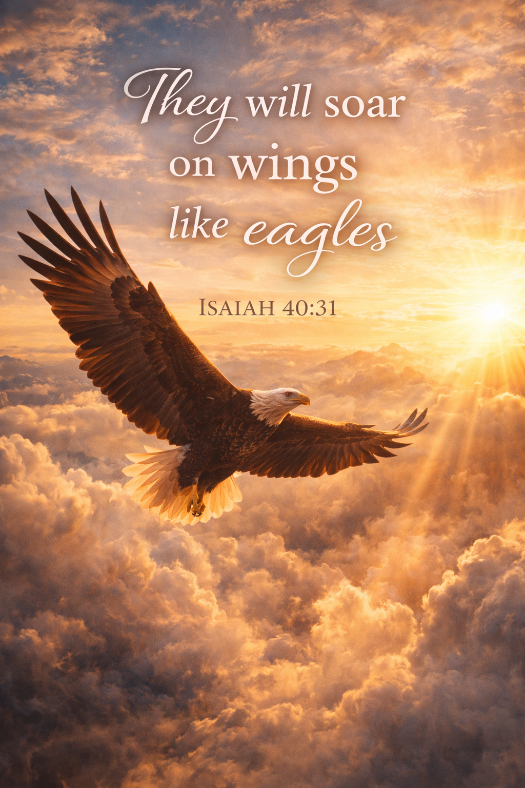 Majestic bald eagle soaring powerfully above golden clouds in brilliant sunrise sky, wings fully extended, text "They will soar on wings like eagles -- Isaiah 40:31" -- vertical HD Bible verse wallpaper